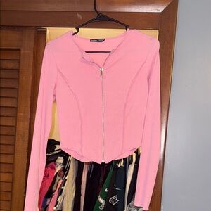 SHEIN Pink Long Sleeve Fitted Crop Blouse